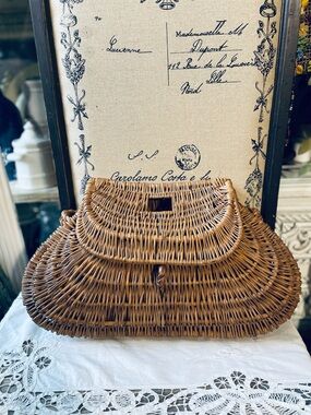 Vintage woven fishing basket French Country cottage decor